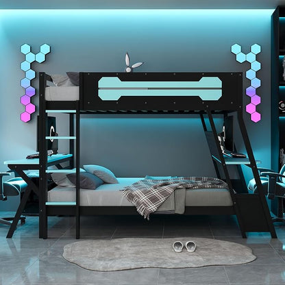 Merax Wooden Full Over Full Bunk Bed with 2 Side Desks, USB Desktop Ports and Pegboard Organizer, Gaming Bunk Bed for Gamer, Kids or Teens, No Box Spring Needed, Cloud Blue