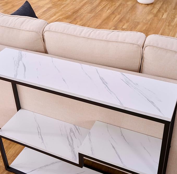 loglus Console Table for Entryway, Faux Marble MDF Sofa Table with Golden Frame, Multilayer, Black Frame, 9.45" D x 38.18" W x 31.22" H