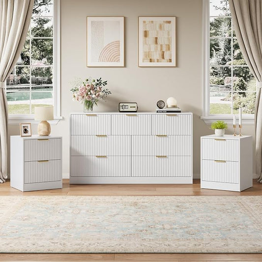 7 Drawer Dresser & Nightstand Set 3-Piece, 55” Wide Bedroom Dresser Set Night Stand Set of 2 with Metal Handle, Fluted Modern Wood Chest of Drawers Storage Dressers Set for Bedroom, White