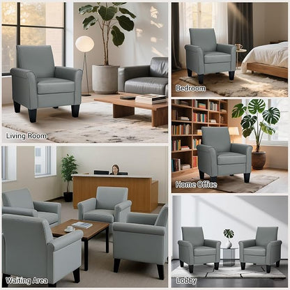 Mid-Century Modern Accent Chair, Overstuffed Leather Chairs for Living Room,Upholstered Comfy Club Chair Fake Faux Leather Armchair for Bedroom Apartment Office Lounge, PU Leather, Grey