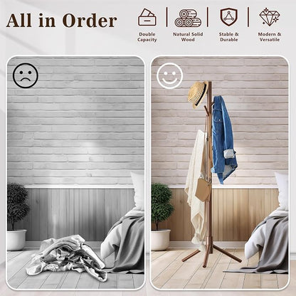 Wooden Coat Rack Freestanding with 8 Hooks,Easy Assembly New Zealand Pine Tree Coat Racks, 3 Adjustable Sizes for Clothes, Hats, Bags, for Entryway, Hallway, Bedroom, Office (Brown, 2 PCS)