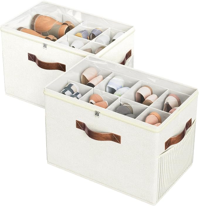 Budding Joy 2 Pack Shoe Organizer for Closet, Clear Foldable Shoe Storage Containers Adjustable Dividers Fits 16 Pairs,Shoe Storage Bins Baskets Boxes with Reinforced Handles Beige | Farbic shoe storage organizer box bin with clear cover, fits up to 16...