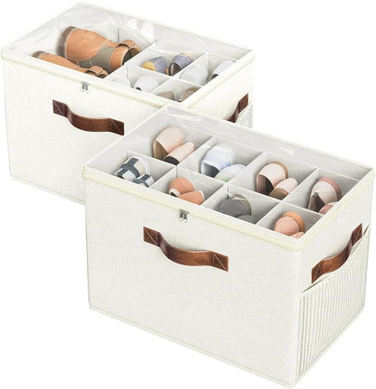Budding Joy 2 Pack Shoe Organizer for Closet, Clear Foldable Shoe Storage Containers Adjustable Dividers Fits 16 Pairs,Shoe Storage Bins Baskets Boxes with Reinforced Handles Beige | Farbic shoe storage organizer box bin with clear cover, fits up to 16...