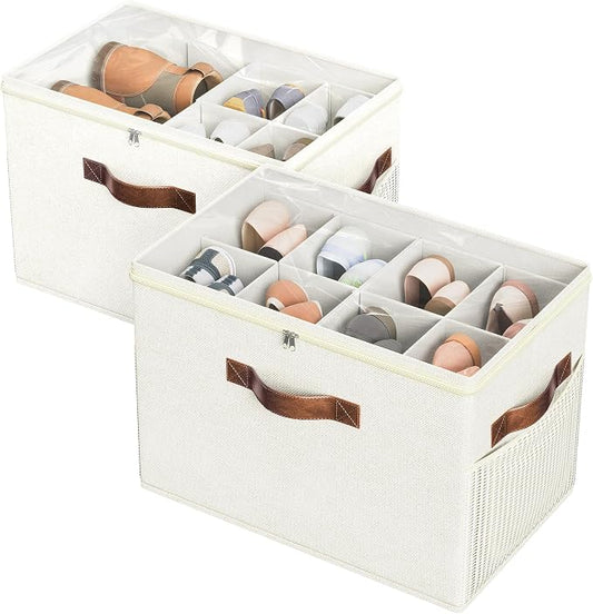 Budding Joy 2 Pack Shoe Organizer for Closet, Clear Foldable Shoe Storage Containers Adjustable Dividers Fits 16 Pairs,Shoe Storage Bins Baskets Boxes with Reinforced Handles Beige | Farbic shoe storage organizer box bin with clear cover, fits up to 16...