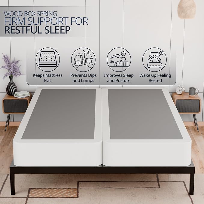 Nutan, 8-Inch Sturdy Wood Box Spring for Mattress Support - Durable and Fully Assembled, Natural Wood Foundation for Full, White