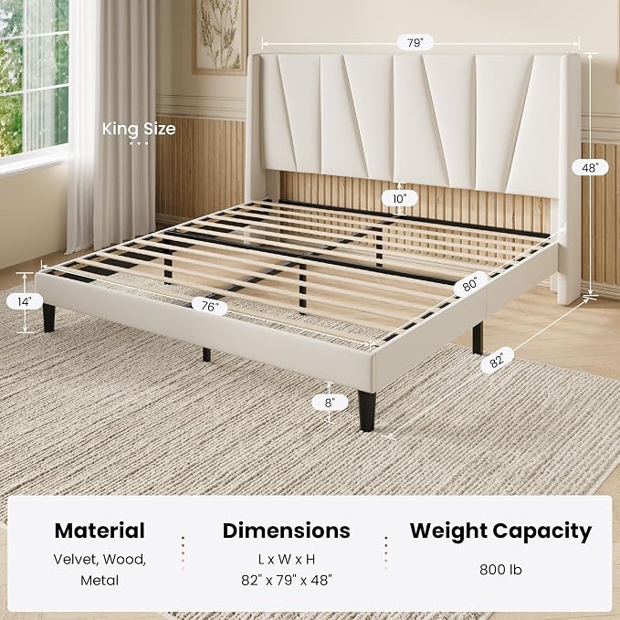 SHA CERLIN King Size Velvet Bed Frame with Geometric Wingback Headboard, Upholstered Platform Bed with Wooden Slats Support, 8" Under-Bed Space, No Box Spring Needed, Easy Assembly, Cream