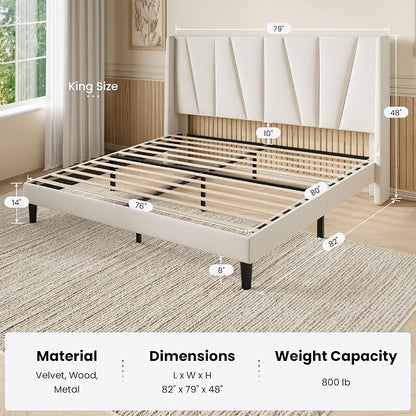 SHA CERLIN King Size Velvet Bed Frame with Geometric Wingback Headboard, Upholstered Platform Bed with Wooden Slats Support, 8" Under-Bed Space, No Box Spring Needed, Easy Assembly, Cream