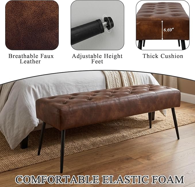 DUHOME Button-Tufted Ottoman Bench, Upholstered Bedroom Benches Footrest Stool Dining Bench Leather Accent Bench for Entryway Dining Room Living Room Bedroom End of Bed, Dark Brown