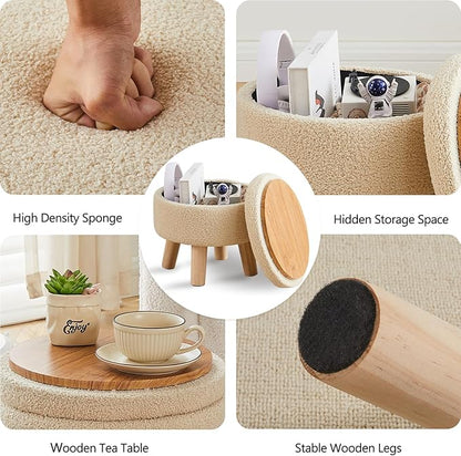 Wimarsbon Storage Ottoman, Modern Round Footrest with Soft Padded Seat, Teddy Velvet Footstool with Wood Legs, Accent Small Table or Plant Stand for Hallway, Living Room (Off-White)
