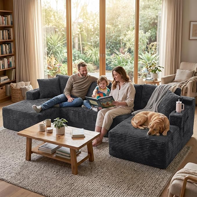 Boneless Couch, 127" Sofas for Living Room, U Shaped Couch with Chaise | Sectional Sofa, Cloud Couch Sectional with Cup Holders and Storage, Cloud Sofa with Deep Seat, Grey, Corduroy, No Assembly