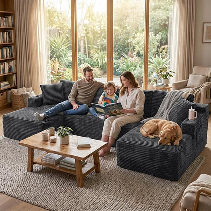 Boneless Couch, 127" Sofas for Living Room, U Shaped Couch with Chaise | Sectional Sofa, Cloud Couch Sectional with Cup Holders and Storage, Cloud Sofa with Deep Seat, Grey, Corduroy, No Assembly