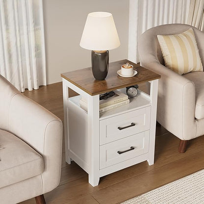 Decofy Farmhouse Nightstand with Charging Station, Modern End Tables with 2 Drawers & Open Shelf, Outlets, USB Ports & Type-C Ports, Wood Rustic Nightstands for Bedroom (2 Pack, Pure White + Walnut)