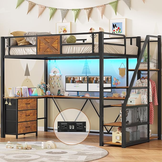 Itaar Stairway Twin Size Loft Bed with L Shaped Desk and Wardrobe, Metal Loft Bed Frame with Storage Stairs, 3 Fabric Drawers, LED Lights & Charging Sation (Rustic Brown, Twin)