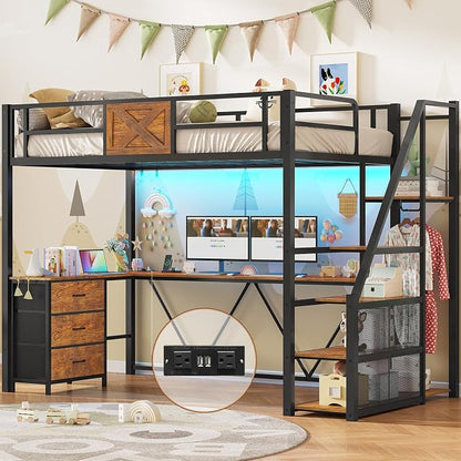 Itaar Stairway Twin Size Loft Bed with L Shaped Desk and Wardrobe, Metal Loft Bed Frame with Storage Stairs, 3 Fabric Drawers, LED Lights & Charging Sation (Rustic Brown, Twin)