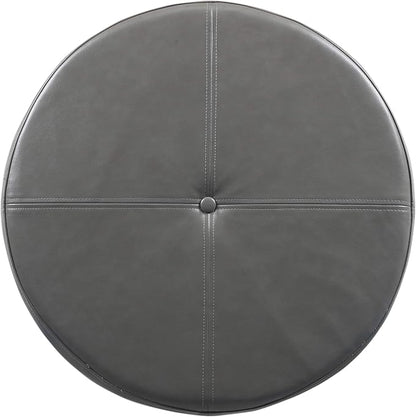 HomePop Round Leatherette Storage Ottoman with Lid, Charcoal Grey Large
