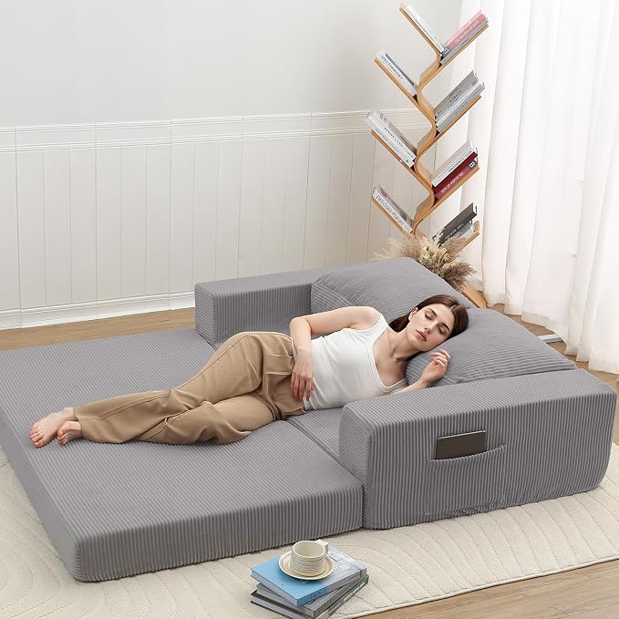 COMAX Futon Sofa Bed, Convertible Sofa Bed, Folding Boneless Couches | Boneless Couch for living room, 4‑in‑1 Fold Out Small Foldable Loveseat Floor Sleeper Mattress Lounge Space‑Saving, Grey