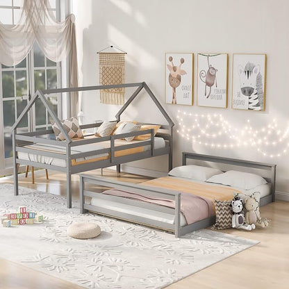 Merax House Floor Bunk Bed with Ladder Twin Over Full,Wood Low Bunk Bed for Kids Juniors, Space-Saving,No Box Spring Needed Gray