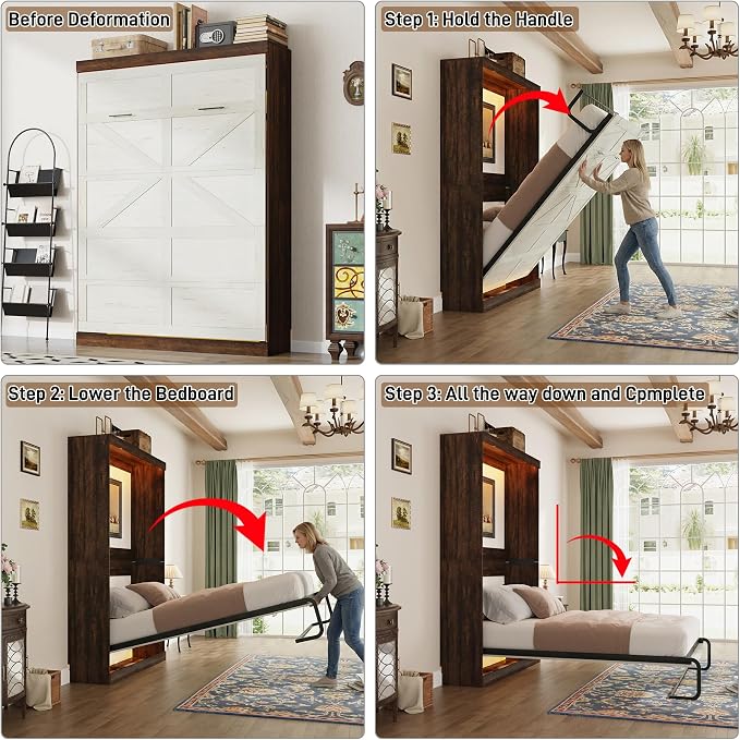 Hlivelood Full Size Murphy Bed with 2 LED Lights, Farmhouse Wood Hidden Foldable Wall Bed Frame w/Gas Struts, Storage Bed Cabinet for Bedroom, Office, Space-Saving, No Box Spring Needed, Rustic White