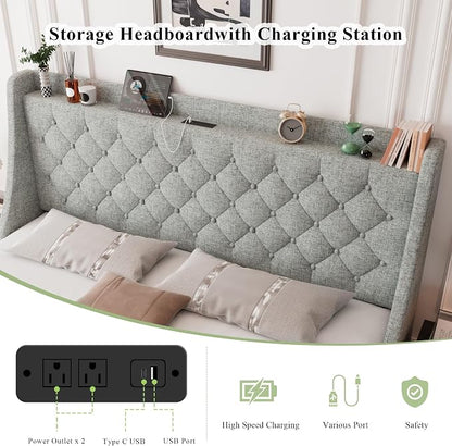 Feonase King Size Bed Frame with 4 Storage Drawers, Storage Bed with Charging Station, Tufted Wingback Headboard, No Box Spring Needed, Light Grey
