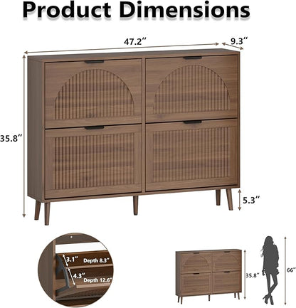 BORNOON Shoe Cabinet for Entryway with 4 Flip Drawers, Slim Wooden Shoe Storage Organizer with Modern Fluted Pannel，Freestanding Narrow Hidden Shoe Rack for Hallway, Foyer, Living Room