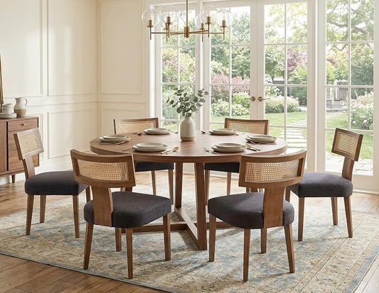 RIVOVA Rattan Dining Chairs Set of 6, Modern Fabric Upholstered Kitchen Chairs, Wooden Dining Room Chair Farmhouse Dinner Chair, Charcoal