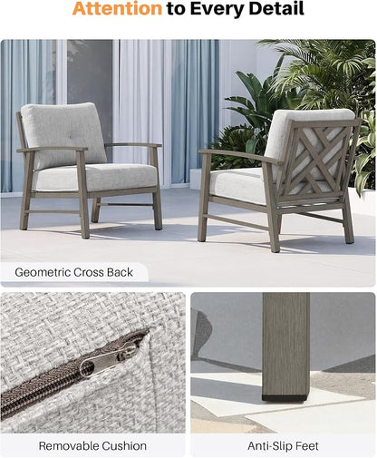 2 Pieces Outdoor Patio Chairs, Outdoor Aluminum Armchair Conversation Set with Thick Cushions, All Weather Patio Furniture Sofa Chairs Set for Garden, Poolside, Lawn, Limed Oak
