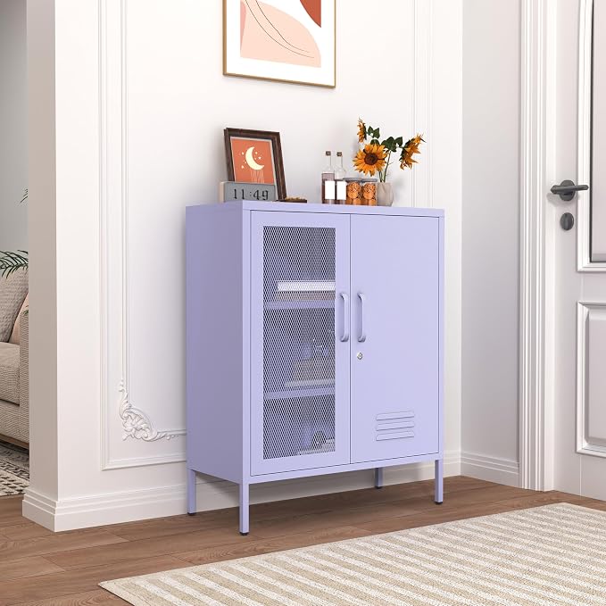 33" Tall Purple Metal Locker Storage Cabinet with Lock Left Glass Door and Right Metal Door 2 Adjustable Shelves Steel Storage Organizer for Foyer Living Room Size：33" H X 29.5" W X 13.8" D