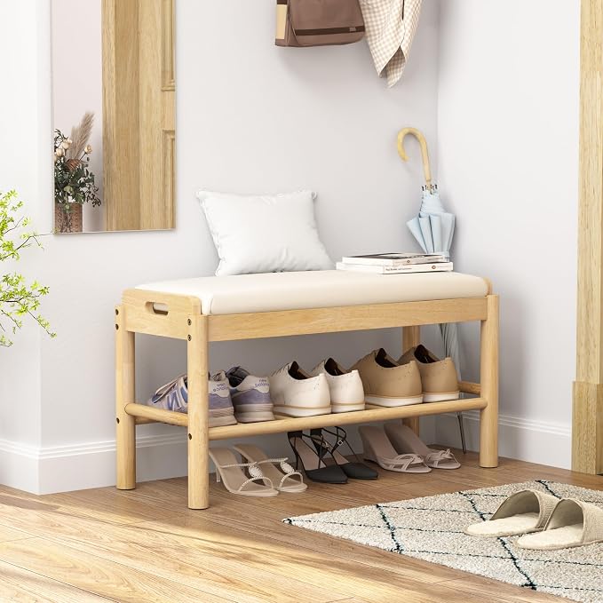 Entryway Shoe Storage Bench, 2-Tier Wood Shoe Rack with Cushion, Padded Seat Entryway Organizer with Shelf & Hidden Storage for Entry, Hallway, Living Room, Bedroom, Closet (Natural, 31.5")