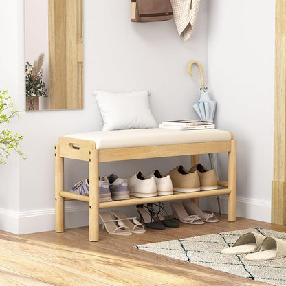 Entryway Shoe Storage Bench, 2-Tier Wood Shoe Rack with Cushion, Padded Seat Entryway Organizer with Shelf & Hidden Storage for Entry, Hallway, Living Room, Bedroom, Closet (Natural, 31.5")