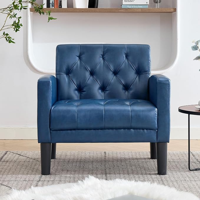 TYBOATLE Accent Chair Comfy Living Room Chair Leather Tufted Mid Century Modern Accent Chair, Small Cozy Reading Arm Chair for Office, Bedroom (1, Blue)