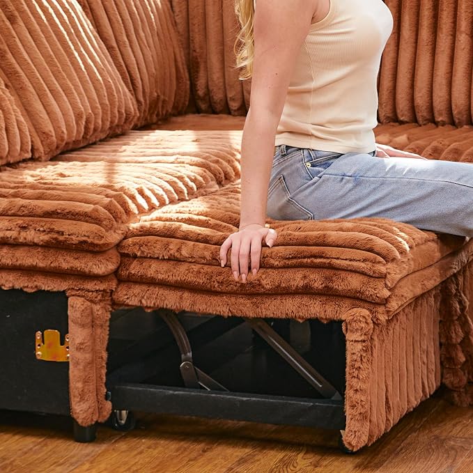 Belffin Corduroy Sectional Sleeper Sofa with Pull Out Bed Modular Sectional Loveseat Sofa Bed for Living Room Brick Red Couch