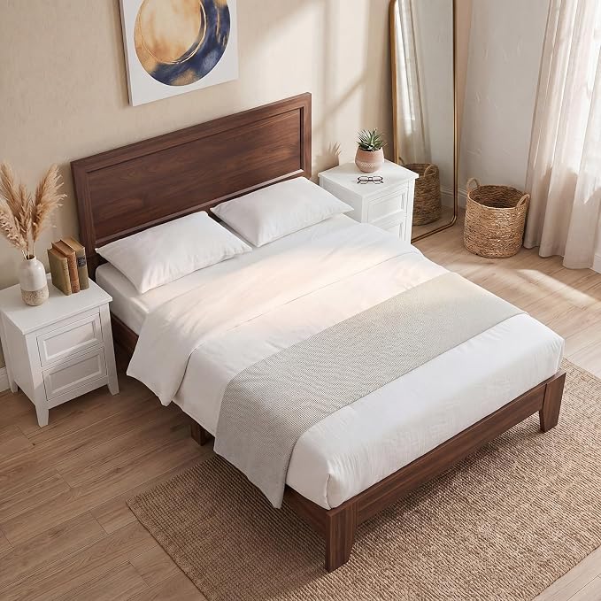 Giantex Full Size Wooden Bed Frame with Headboard, Wood Slat Support | Modern Platform Bed with Heavy Duty Mattress Foundation, Under-Bed Storage, No Box Spring Needed, Easy Assembly (Walnut)