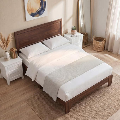 Giantex Full Size Wooden Bed Frame with Headboard, Wood Slat Support | Modern Platform Bed with Heavy Duty Mattress Foundation, Under-Bed Storage, No Box Spring Needed, Easy Assembly (Walnut)