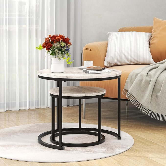 HOJINLINERO Round Coffee Table,Nesting Coffee Table Set of 2,Center Tables for Living Room,Office, Home Small Space,Stacking Side Tables,Sturdy and Easy Assembly,Wood Desktop,Black+White Oak,Small