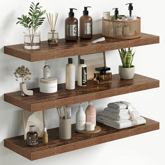 Fun Memories Floating Shelves for Wall 32 Inch Set of 3, Farmhouse Floating Shelves with Invisible Heavy Duty Bracket, 10 Inch Deep Bathroom Shelves for Storage, Living Room, Kitchen, Decor, Brown