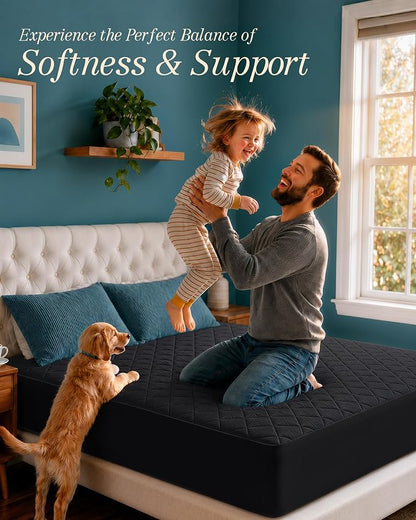 Quilted Fitted Mattress Pad, Queen Mattress Protector Topper with Deep Pocket Stretches up to 16 Inches, Machine Washable Mattress Cover by Utopia Bedding (Black)
