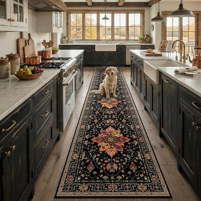 RELEANY Area Rugs Runner 2'6"x12' Washable Non-Slip, Floral Vintage Distress Medallion Carpet for Kitchen Hallway Bedroom Beside Laundry Room Bathroom, Black Colorful Floral Dark Tan