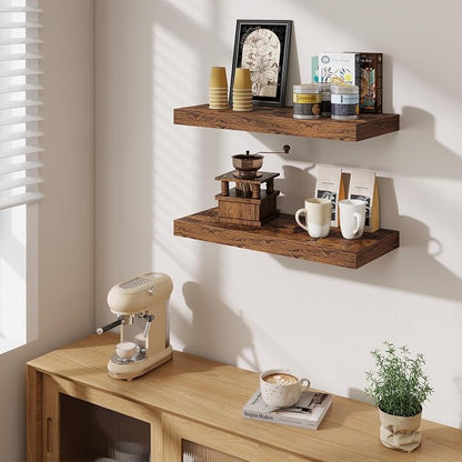 Fun Memories 24 Inch Floating Shelves Wall-Mounted, 10 Inch Deep Wall Shelves, 24 x 10 Floating Shelf for Living Room Bathroom Bedroom, Rustic Brown, Set of 3
