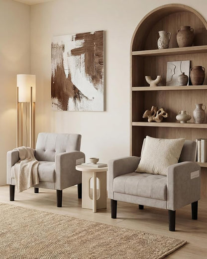 TYBOATLE Accent Chair Sets of 2 Living Room Chairs Cozy Tufted Mid Century Modern Chairs with Arms for Bedroom Comfy Reading Arm Chair Small Chairs for Small Spaces Living Room Office (2, Light Grey)