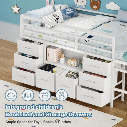 Einhomn Twin Low Loft Bed with 8 Drawers, Bookshelf, Heavy Duty Metal Kids Loft Bed with 13 Inch Safety Guardrail, Play Curtain, Under-Bed Play Area - White
