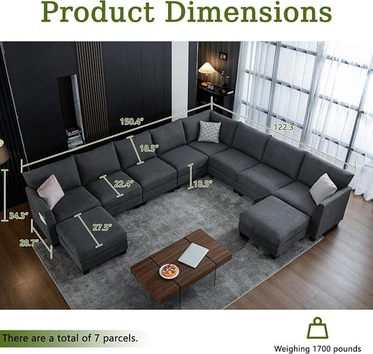 150.4" Large Sectional Couches for Living Room, 8 Seater L Shaped Modular Sectional Sofa with Two Storage Ottomans & USB, Oversized Corner Couch for Living Room (Grey)