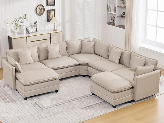 137'' V Shaped Cloud Sectional Sofa, Oversized Deep Seat Leather Couches for Living Room, Comfy Upholstered Modular Sectional Sofa Couch with 2 Movable Ottoman, Leather Beige