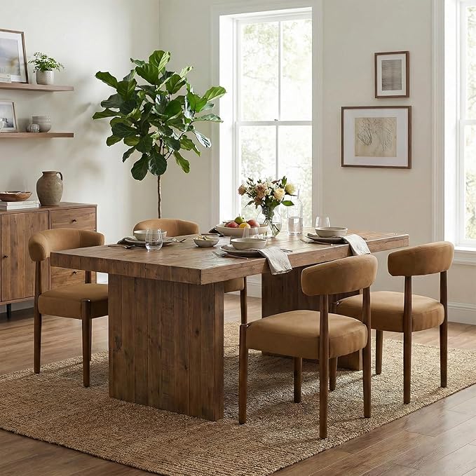VKNOW Wooden Dining Chairs Set of 4, Modern Upholstered Dining Room Chairs with Walnut Wood Legs and Curved Backrest, Fabric Kitchen Chairs for Dining Room/Living Room, Orange