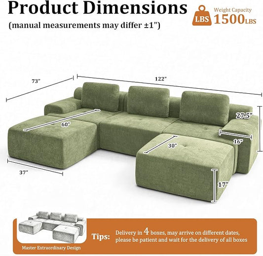 122" U Shaped Oversized Boneless Couch, Comfort Cloud Sectional Couches for Living Room, Modular Sofa High Back & Extra Deep Seat, No Assembly, Chenille(Olive Green, 122 inch-U Shaped（3+2）)