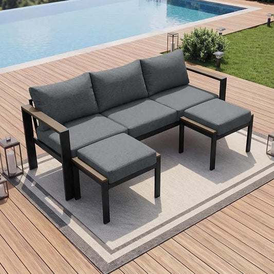 Patio Furniture Set 3 Seats Sofa and Ottoman All-Weather Patio Sofa with Washable Thick Cushions, Deluxe Aluminum Modern Outside Sectional for Porch, Balcony, Deck, Yard, Light Gray