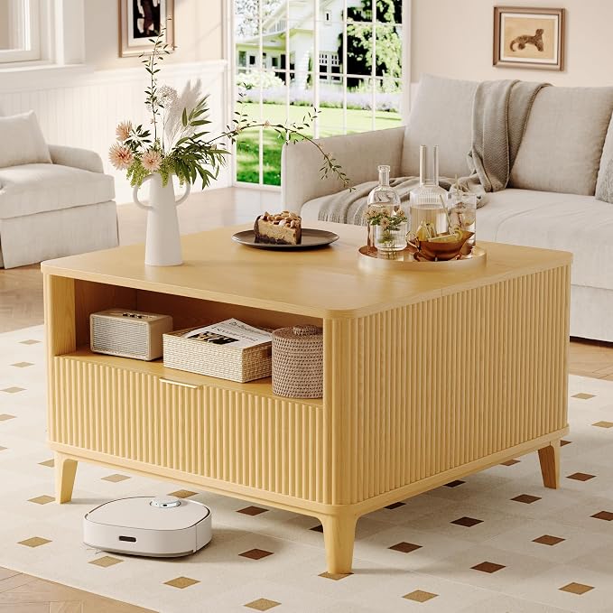 31.5" Square Fluted Lift Top Coffee Table for Living Room, Fluted Lift Top Coffee Tables with Hidden Storage, Modern Center Table,Giratree Stand Up Coffee Table for Home Living Room Office