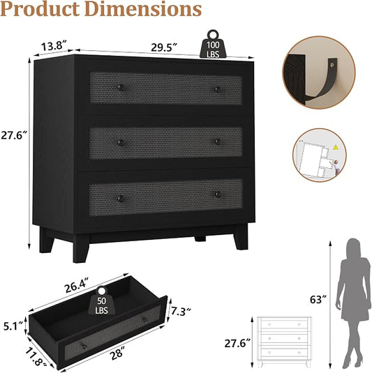 Rattan 3 Drawer Dresser for Bedroom, Small Boho Black Dresser with Wood Handles, Wood Nightstand, 29.52" Wide Modern Dresser, Chests of Drawers for Living Room, Entryway, Hallway