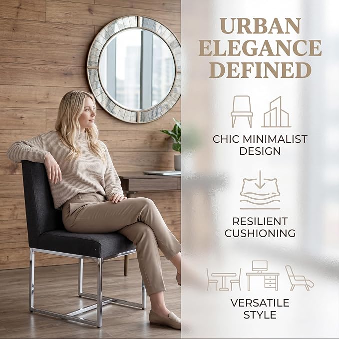 HNY Modern Dining Chairs Set of 4, Upholstered Linen Dining Room Chairs with Ergonomic Back & Polished Silver Metal Frame for Home, Kitchen, Apartment, Charcoal Black