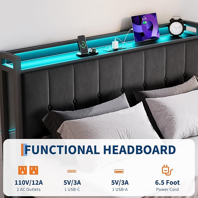 Garvee Full Size Lift Up Storage Bed with LED Lights, Upholstered Velvet Bed Frame with Storage Headboard & Charging Station, Metal Platform Bed, No Box Spring Needed, Solid Wooden Slats, Black