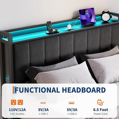 Garvee Full Size Lift Up Storage Bed with LED Lights, Upholstered Velvet Bed Frame with Storage Headboard & Charging Station, Metal Platform Bed, No Box Spring Needed, Solid Wooden Slats, Black